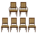 Set of 6 Cherry Finish Dining Chairs with Striped Upholstery
