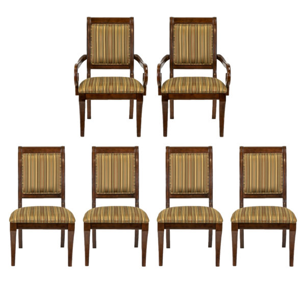 Set of 6 Cherry Finish Dining Chairs with Striped Upholstery - Image 1