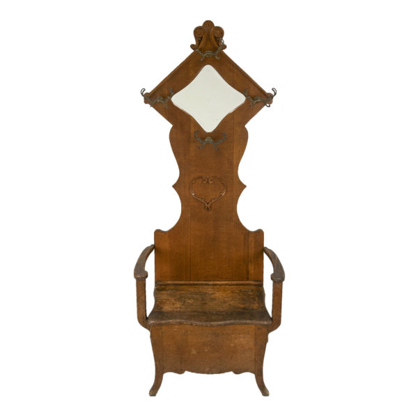Antique Oak Hall Tree with Diamond Shaped Mirror - Image 1