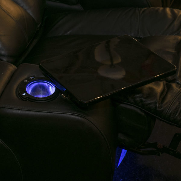 Black Leather Theater Seating with 3 Chairs, 2 Wedges, and Tables - Image 6