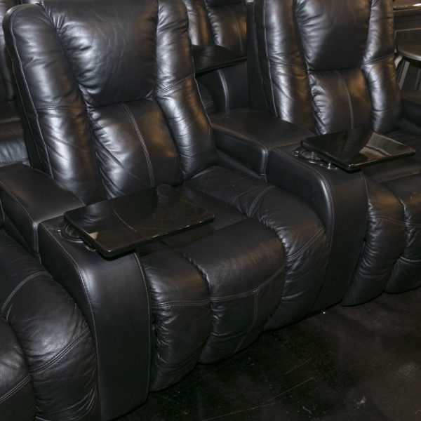 Black Leather Theater Seating with 3 Chairs, 2 Wedges, and Tables - Image 5