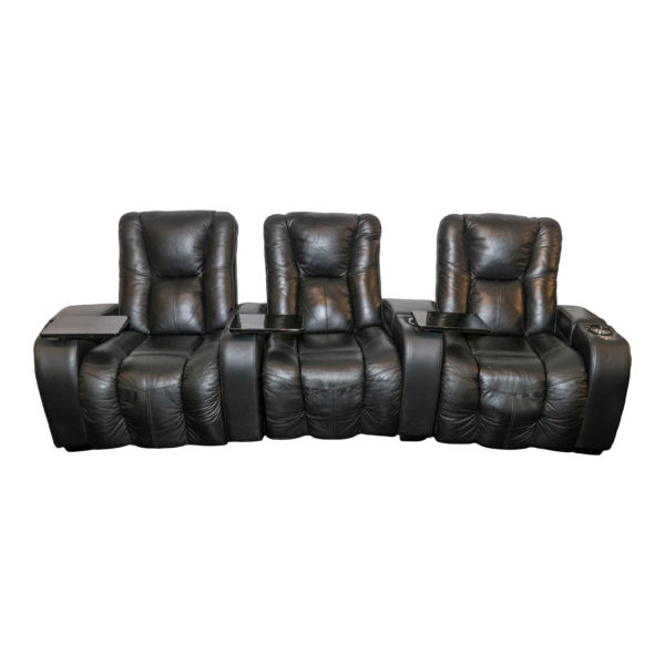 Black Leather Theater Seating with 3 Chairs, 2 Wedges, and Tables - Image 1