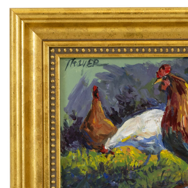 Original Oil Painting with Roosters and Hens Signed THAYER - Image 3