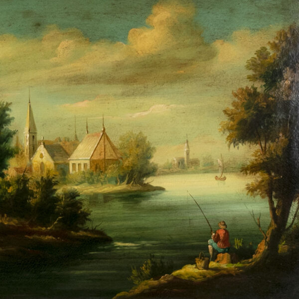 Signed DAMA “Village Landscape with Man Fishing” Original Oil on Canvas Painting - Image 2
