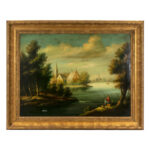 Signed DAMA “Village Landscape with Man Fishing” Original Oil on Canvas Painting