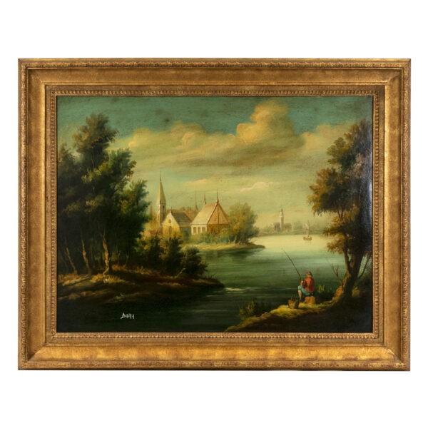 Signed DAMA “Village Landscape with Man Fishing” Original Oil on Canvas Painting - Image 1