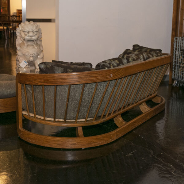 1980s HOWARD FURNITURE Oak Barrel Back Sofa with Demilune Side Tables - Image 6