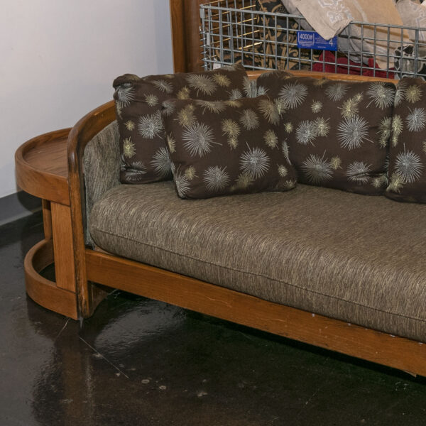 1980s HOWARD FURNITURE Oak Barrel Back Sofa with Demilune Side Tables - Image 5