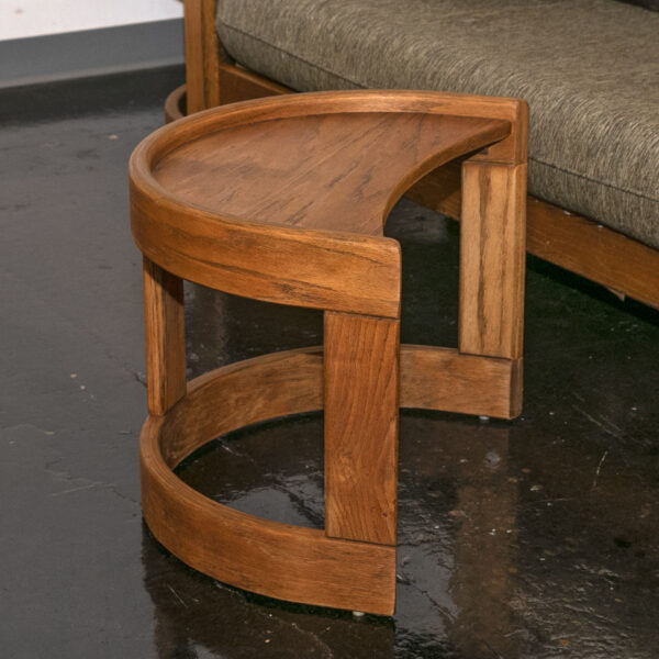1980s HOWARD FURNITURE Oak Barrel Back Sofa with Demilune Side Tables - Image 4