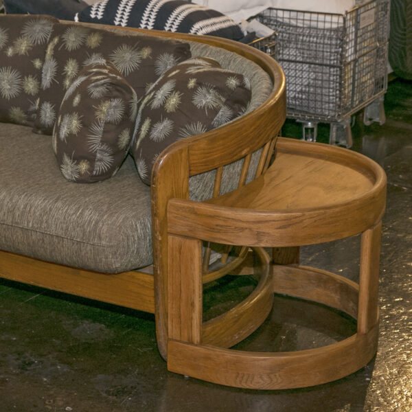 1980s HOWARD FURNITURE Oak Barrel Back Sofa with Demilune Side Tables - Image 3