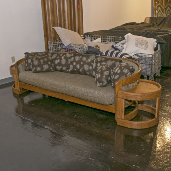 1980s HOWARD FURNITURE Oak Barrel Back Sofa with Demilune Side Tables - Image 2