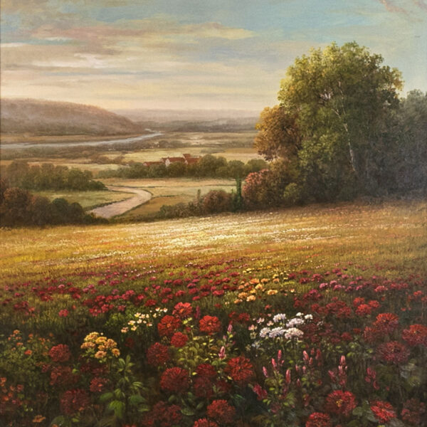 Signed ADISON Original Oil on Canvas Landscape with Road and Flowers - Image 2