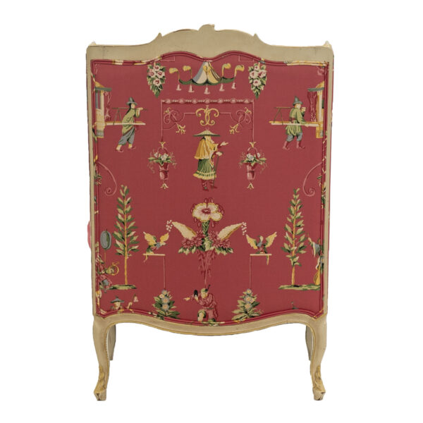 French Provincial Wood Framed Wing Chair with Asian-Inspired Upholstery - Image 4