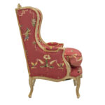 French Provincial Wood Framed Wing Chair with Asian-Inspired Upholstery - Image 3