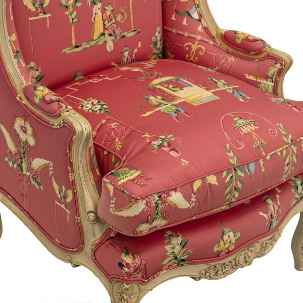 French Provincial Wood Framed Wing Chair with Asian-Inspired Upholstery - Image 6