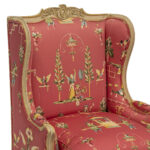French Provincial Wood Framed Wing Chair with Asian-Inspired Upholstery - Image 5