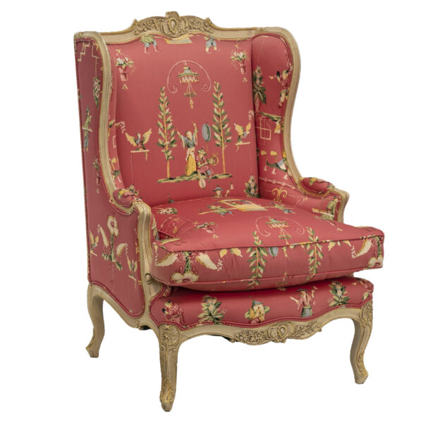 French Provincial Wood Framed Wing Chair with Asian-Inspired Upholstery - Image 2