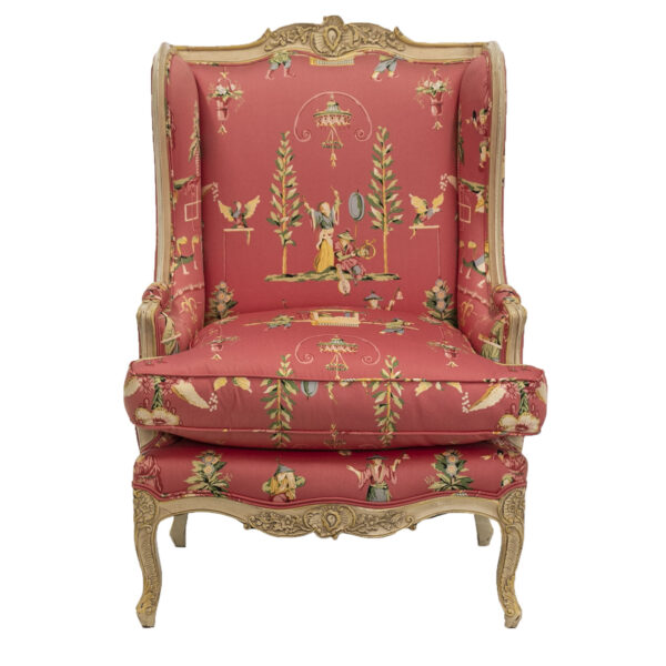 French Provincial Wood Framed Wing Chair with Asian-Inspired Upholstery - Image 1
