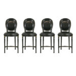 Set of 4 Black Leather Counter Stools with Beaded Backs