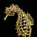 Articulated Seahorse Pin with Emerald and Diamond Accents in 14 Karat Yellow Gold - Image 3