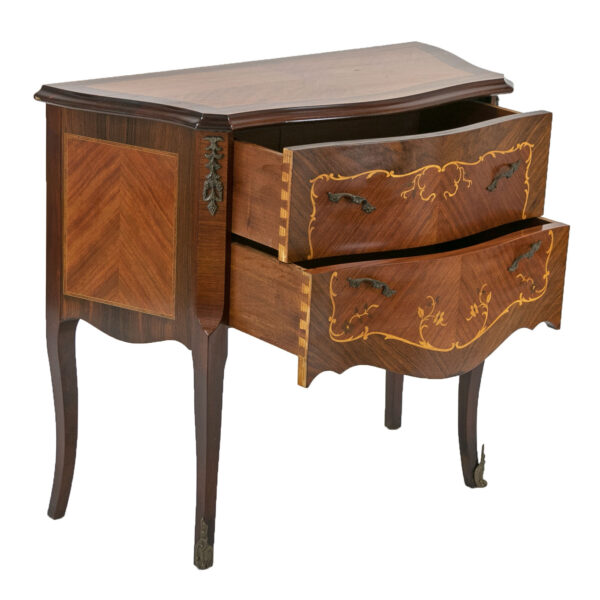 French Louis XV Style Two Drawer Bookmatched Stand - Image 2