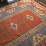 9’1” x 10’11” Hand Knotted Wool Rug in Orange, Tan, Blue Southwestern Pattern - Image 3