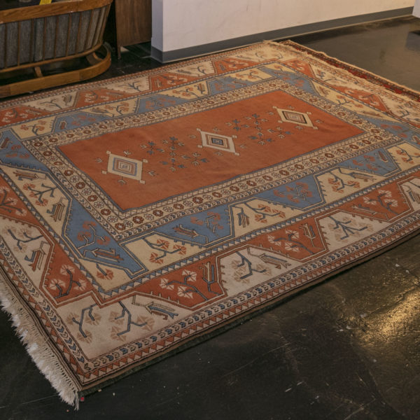 9’1” x 10’11” Hand Knotted Wool Rug in Orange, Tan, Blue Southwestern Pattern - Image 2