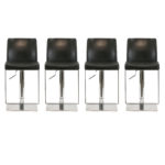 Set of 4 Black Leather and Stainless Steel Hydraulic Stools