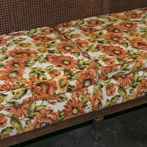 Vintage French Style Cane Back Settee with Urn Medallion and Floral Upholstery - Image 3