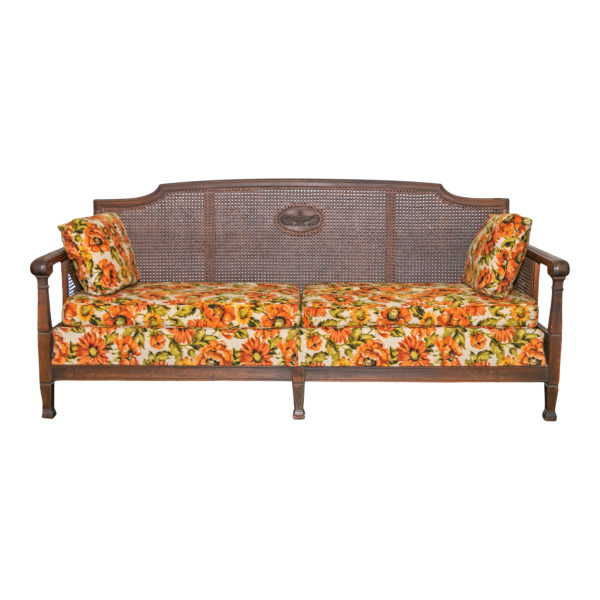 Vintage French Style Cane Back Settee with Urn Medallion and Floral Upholstery - Image 1