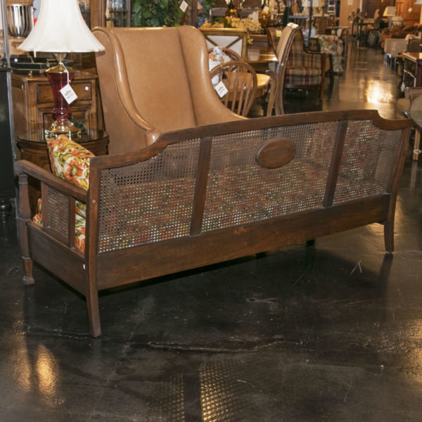 Vintage French Style Cane Back Settee with Urn Medallion and Floral Upholstery - Image 7