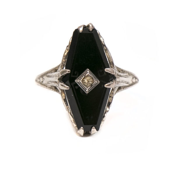 Art Deco Etched Onyx and Sterling Silver Ring - Image 1