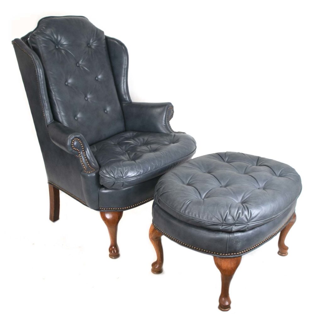 BROYHILL Tufted Wing Chair and Ottoman in Blue Leather | Grandview ...