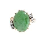 14 Karat Gold Ring with Jade-Like Stone and Diamond Accents
