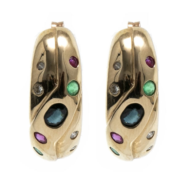 Pair of 14 Karat Gold Earrings with Sapphire, Emerald, Ruby, and Diamond - Image 1