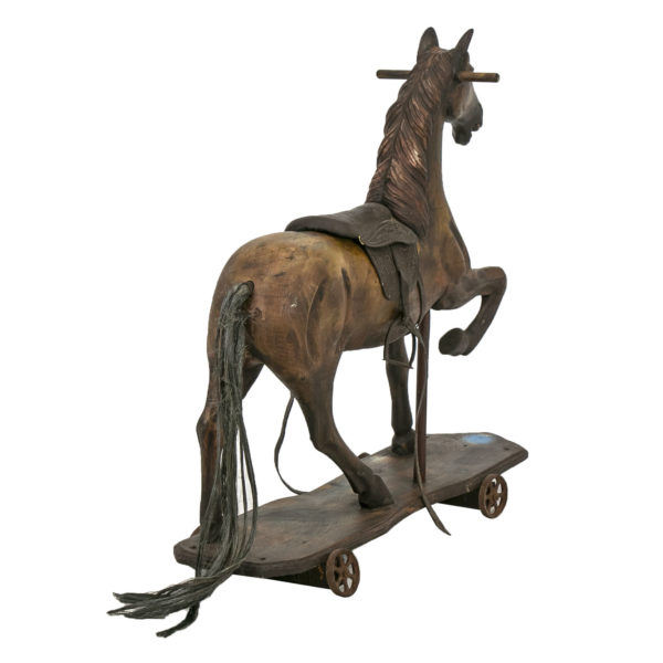 Antique Wooden Horse with Leather Saddle and Cast Iron Wheels - Image 3