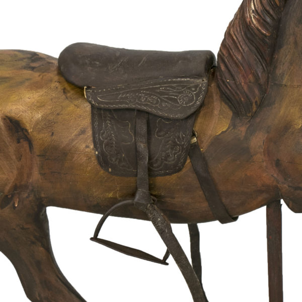 Antique Wooden Horse with Leather Saddle and Cast Iron Wheels - Image 5