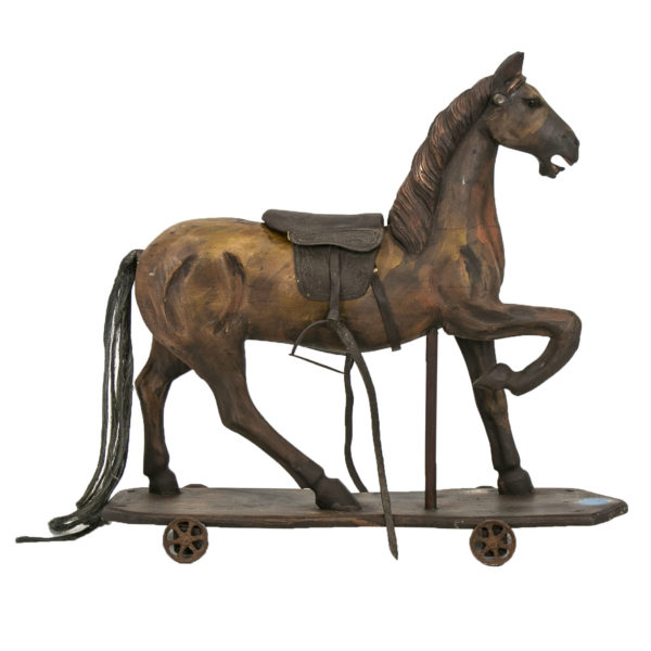 Antique Wooden Horse with Leather Saddle and Cast Iron Wheels - Image 2