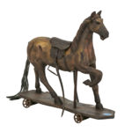 Antique Wooden Horse with Leather Saddle and Cast Iron Wheels