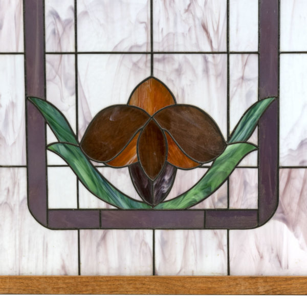 30” x 39” Stained Glass Window with Purple Arch and Amber Blossoms - Image 2
