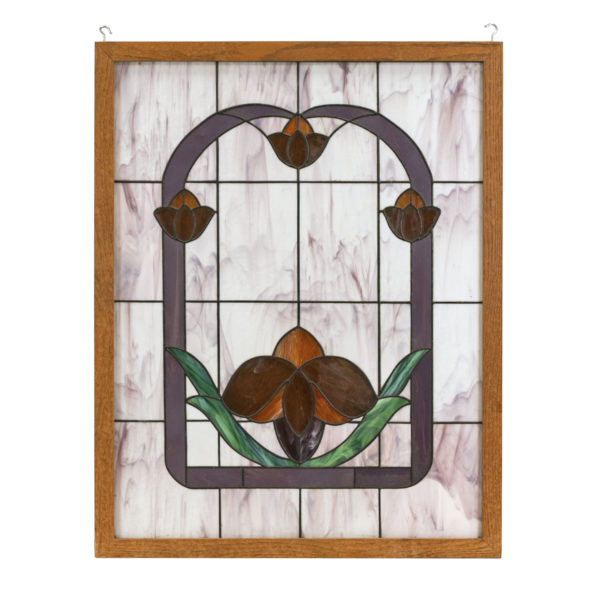 30” x 39” Stained Glass Window with Purple Arch and Amber Blossoms - Image 1