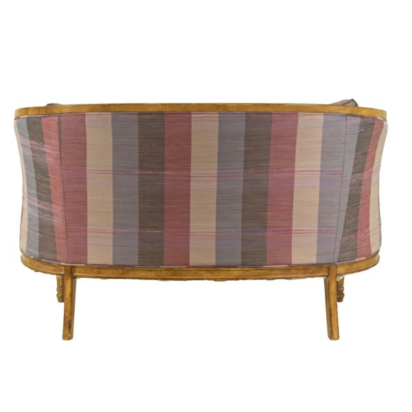 French Louis XVI Style Rounded Back Settee in Purple and Pink Striped Silk Upholstery - Image 4