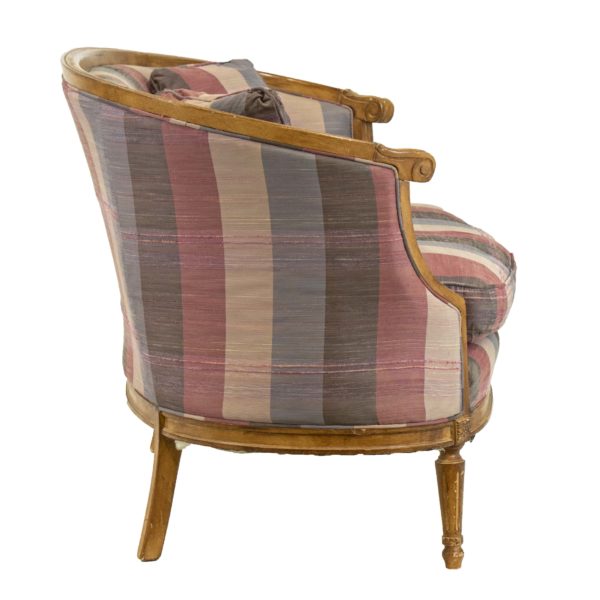 French Louis XVI Style Rounded Back Settee in Purple and Pink Striped Silk Upholstery - Image 3