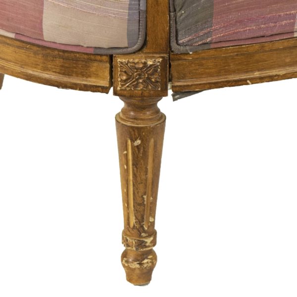 French Louis XVI Style Rounded Back Settee in Purple and Pink Striped Silk Upholstery - Image 7