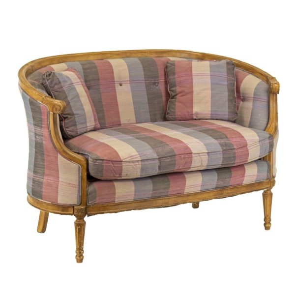 French Louis XVI Style Rounded Back Settee in Purple and Pink Striped Silk Upholstery - Image 2