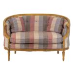 French Louis XVI Style Rounded Back Settee in Purple and Pink Striped Silk Upholstery