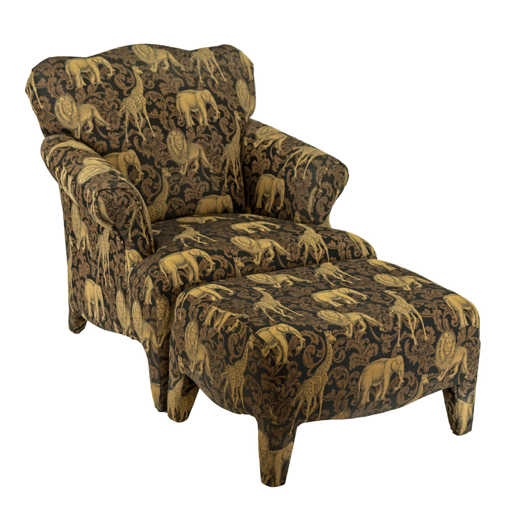 Black and Gold Safari Animal Upholstered Chair and Ottoman