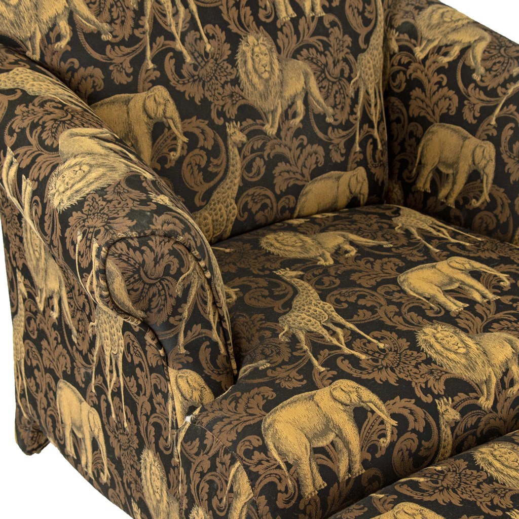 Black and Gold Safari Animal Upholstered Chair and Ottoman