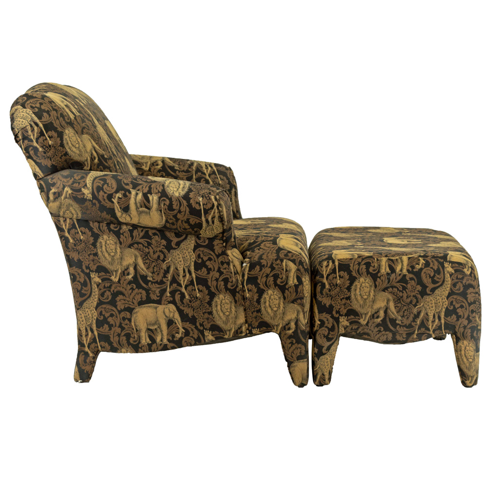 Black and Gold Safari Animal Upholstered Chair and Ottoman