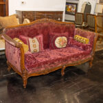 Vintage French Country Carved Curved Wood Sofa with Custom Versace Velvet  Fabric